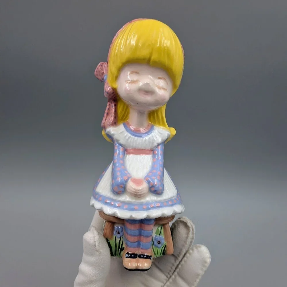 Vintage Hand Painted Retro Kitsch Hobby Ceramic - Chibi Style Girl on Stool